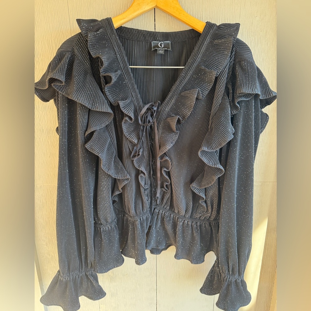 G by Giuliana Black Sparkly Long Sleeve Ruffle Blouse